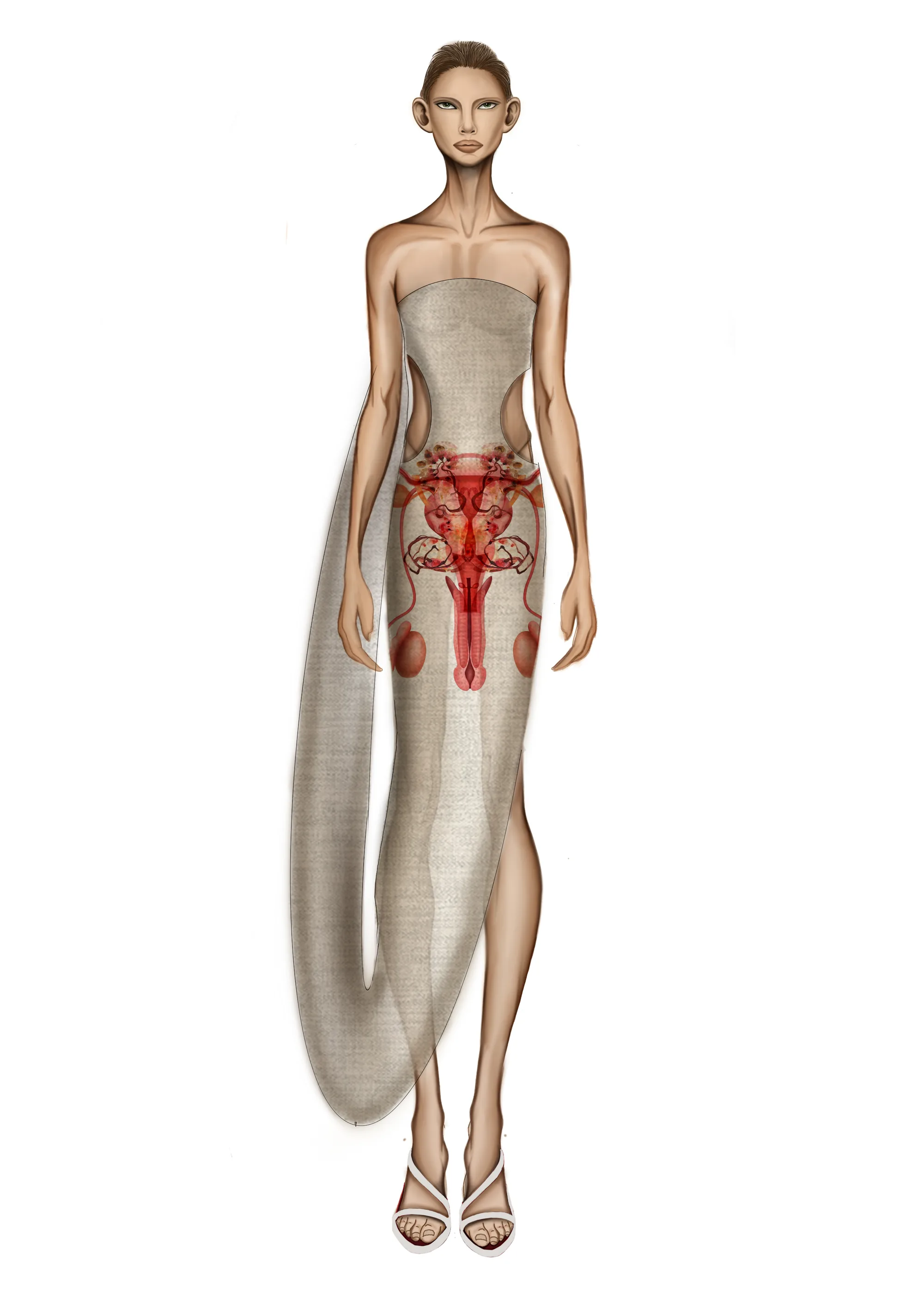 Vestido coluna com cauda em bege.