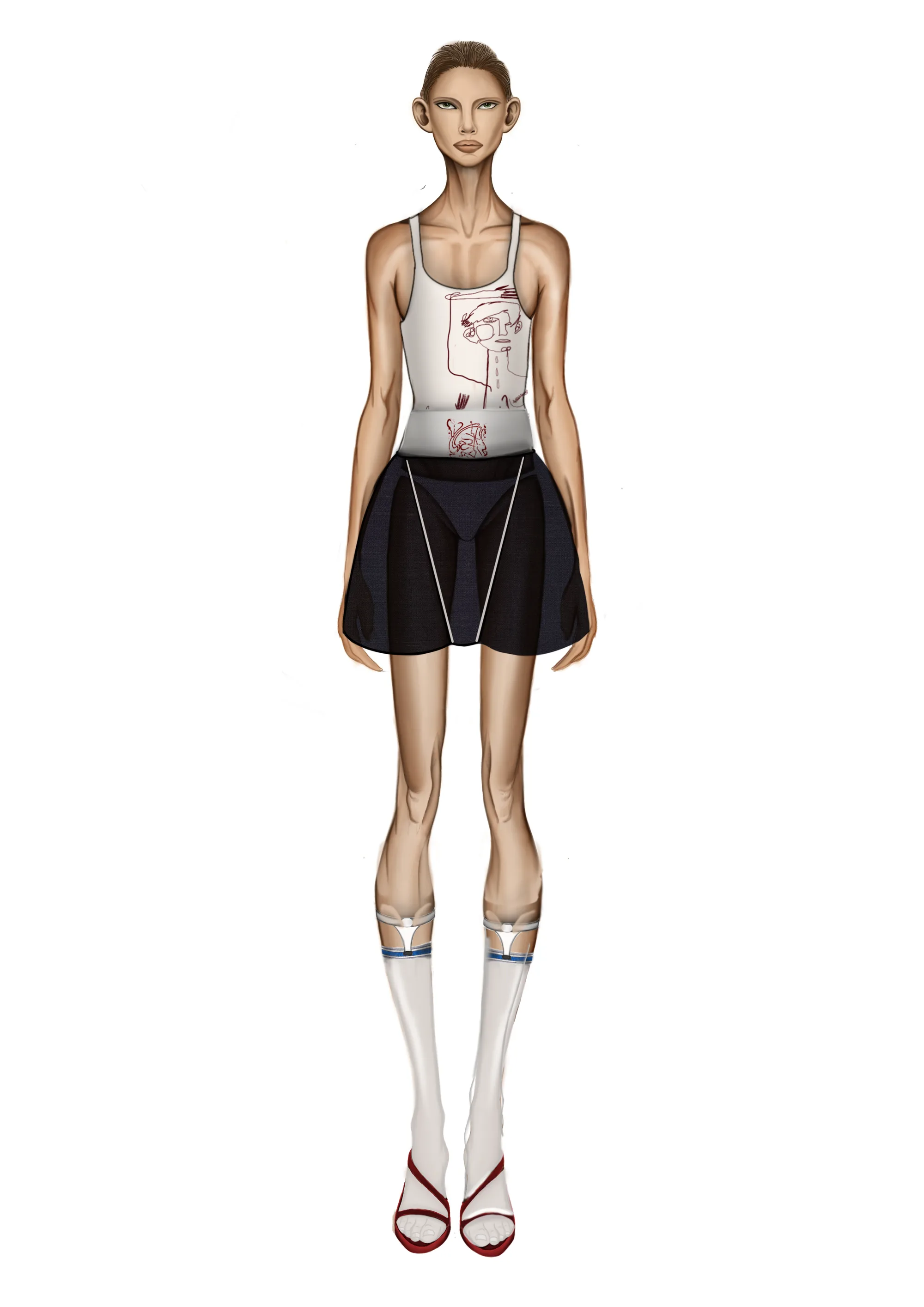 Camiseta ilustrada e shorts de alfaiataria.