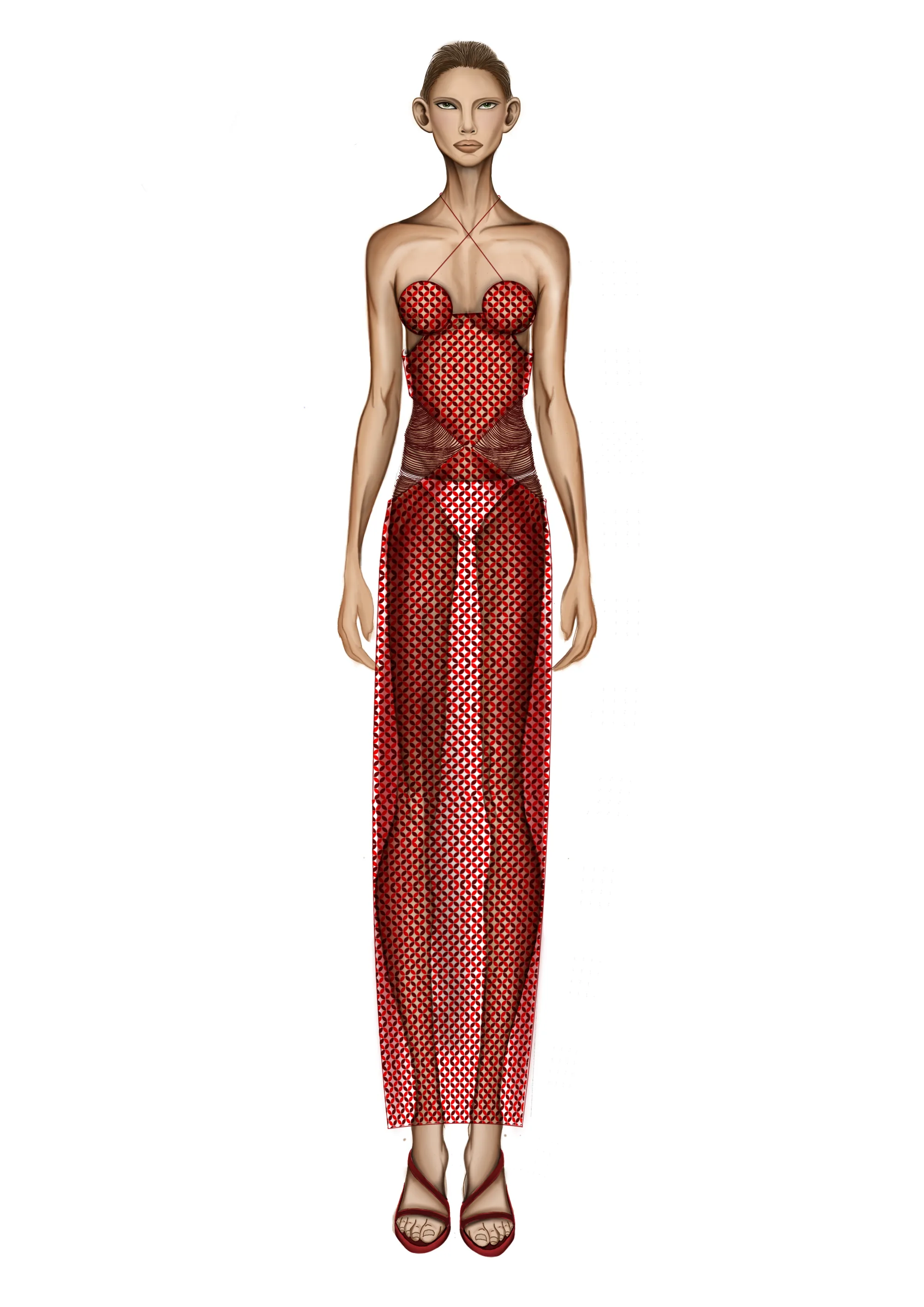 Vestido coluna em tela vermelha.