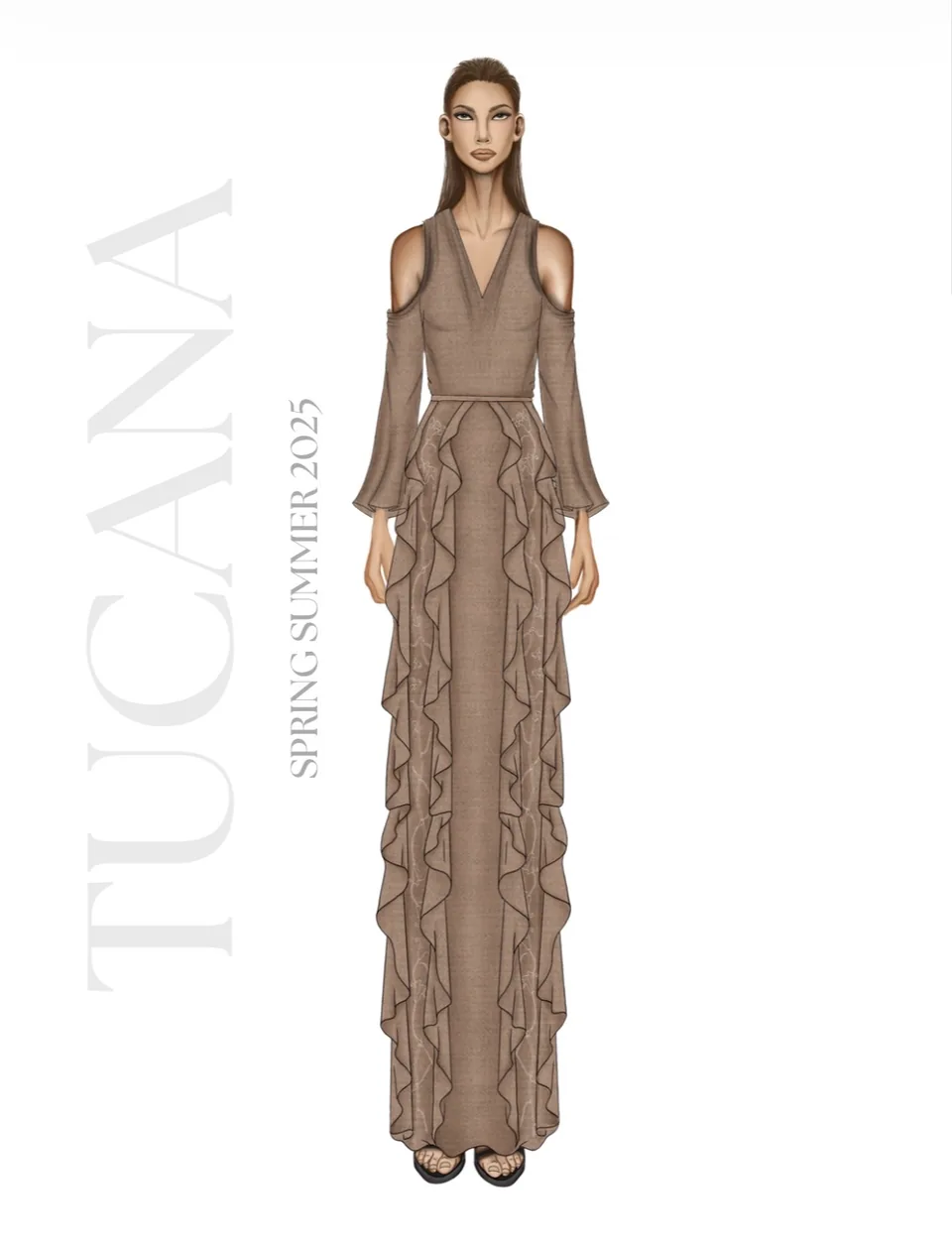 Croqui, vestido longo com babados. Tucana SS25.