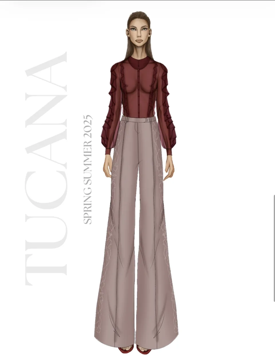 Croqui, blusa gola longa e calça wide-leg.
